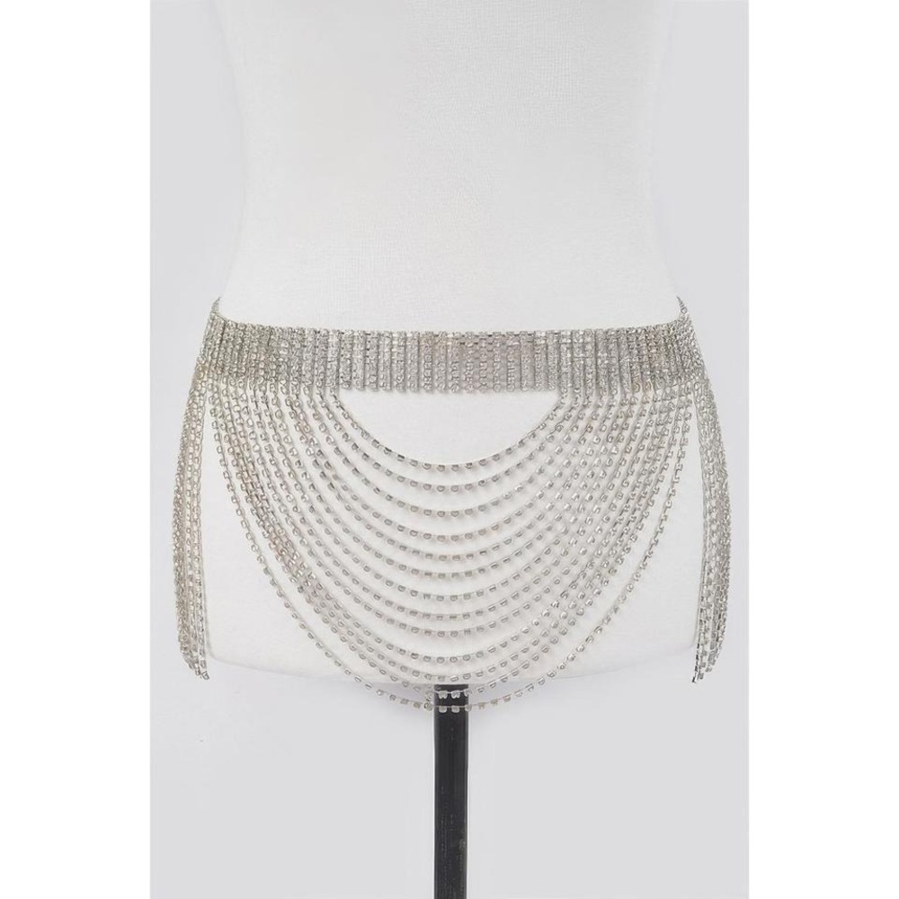 Womens Rhinestone Belt Silver Crystal Chain Dangle‎ Waist Accessory